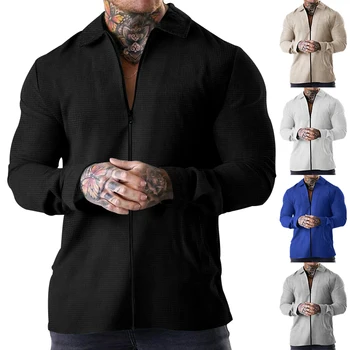  2023 Весенне-осенняя мужская тяжелая куртка с длинным рукавом Waffle, Однотонная куртка на молнии, мужской повседневный спортивный кардиган Поло