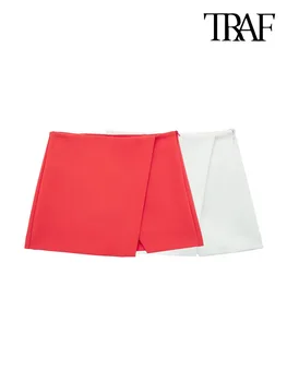  TRAF Женская модная Асимметричная Многослойная мини-юбка с запахом, Винтажная женская юбка с высокой талией и боковой молнией, женская юбка-юбка