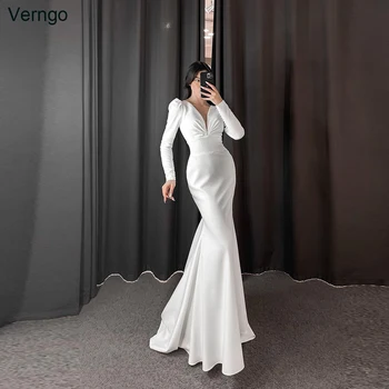  Verngo 2023 Элегантные платья невесты в стиле русалки с V-образным вырезом и длинными рукавами, свадебное платье, женское атласное длинное свадебное платье Vestidos De Novia