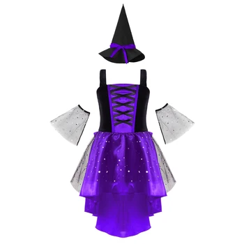  Детский костюм ведьмы для девочек на Хэллоуин, платье волшебницы с блестками и сетчатым рукавом, шляпа ведьмы для карнавальной вечеринки, косплей-представление