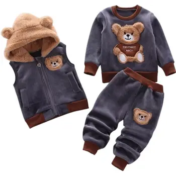  Комплект детской хлопчатобумажной одежды Осень-зима, толстовки из плотного флиса, свитер, Брюки, жилет, 3 шт., костюмы для мальчиков, теплая верхняя одежда для девочек